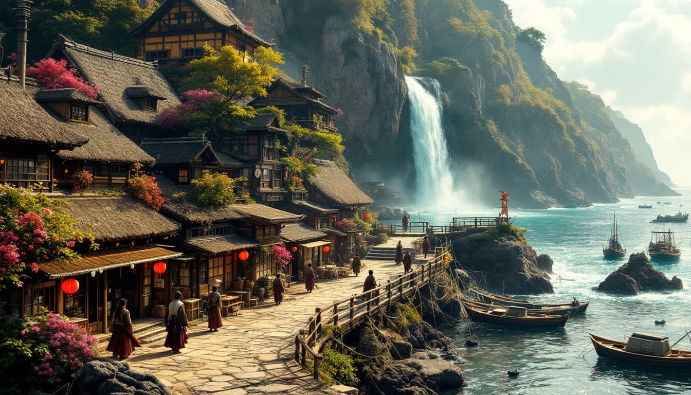 AI generated:  A dreamlike feudal Japanese fishing village scene unfolds on a rugged sea coast, where a vibrant wa...