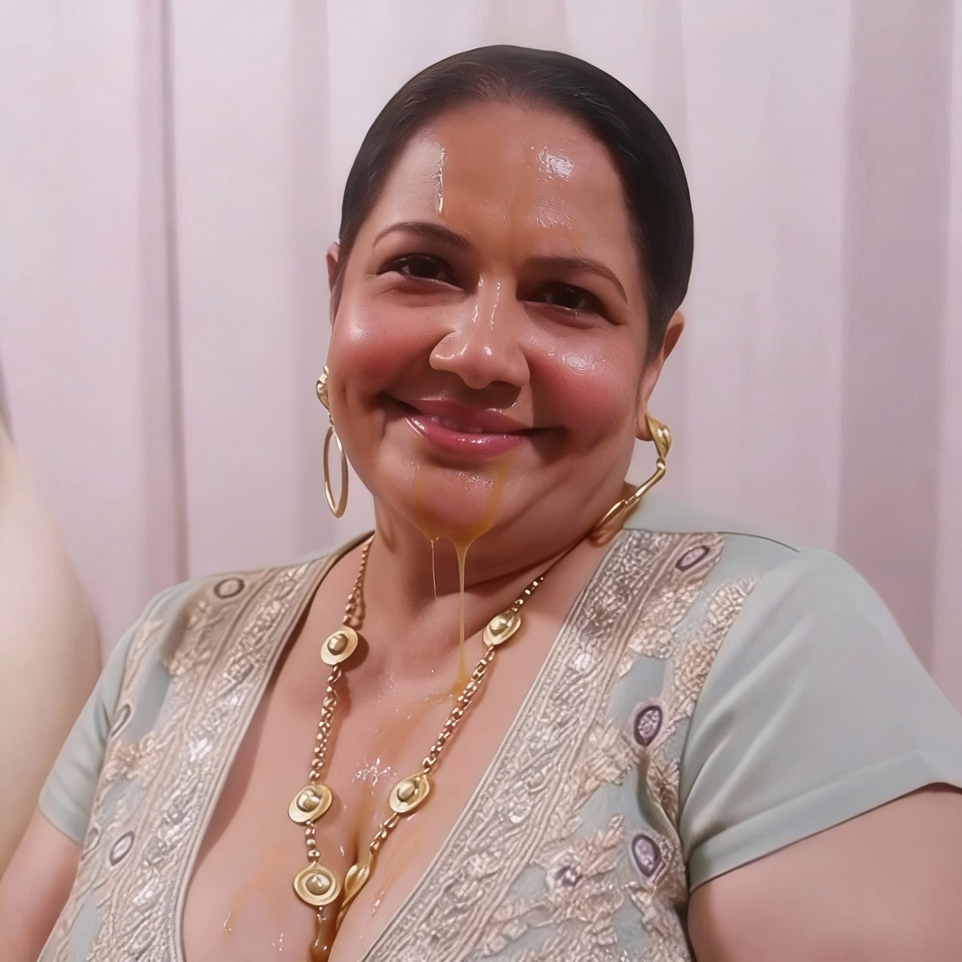 AI generated: Realistic cumshot on her face, cum dripping, running cum in her cleavage and clothes