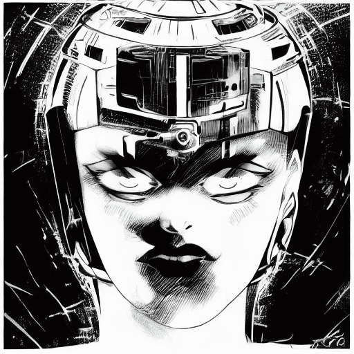 AI generated: frank miller illustration, dark anime, hot EVIL girl FROM OUT OF SPACE, Arcane, bladerunner, villain...