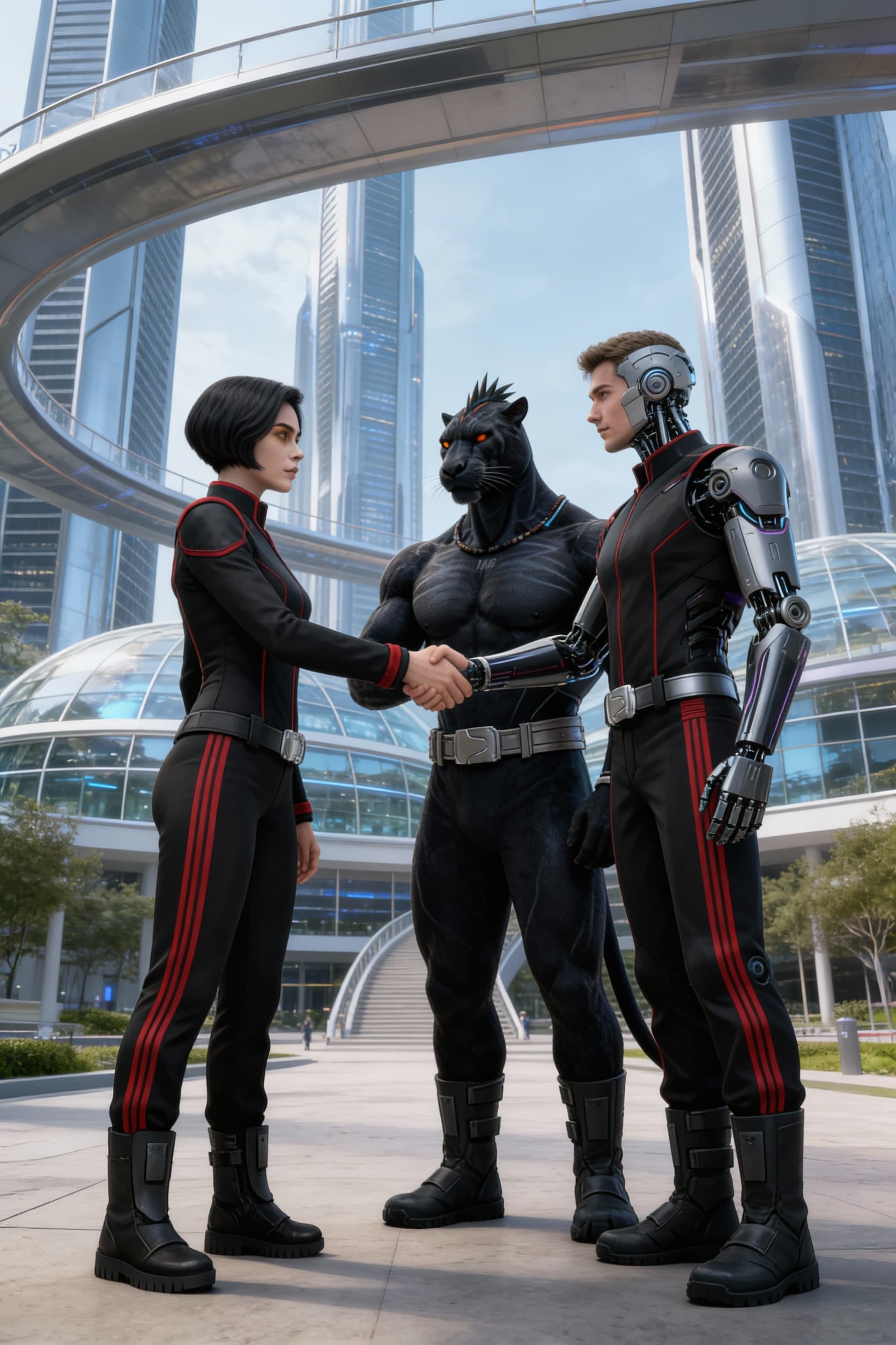 AI generated: Create Sci-Fi images. Use the Female character in reference images 2 and the male characters in refe...
