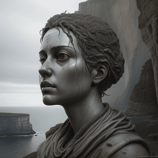 AI generated: art statue in cliffs, in the style of realistic hyper-detailed portraits, cryengine, detailed facial...