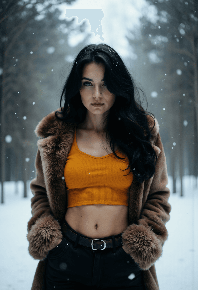 AI generated: A young woman stands alone amidst the quiet beauty of a winter wonderland, her presence radiating an...