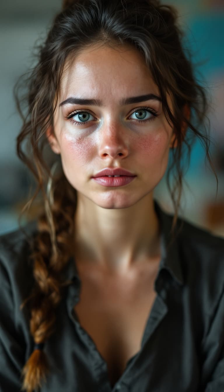AI generated: Huge xl breast, woman with pure innocent gaze, pale face, little sad, expressive style, smudges, tea...