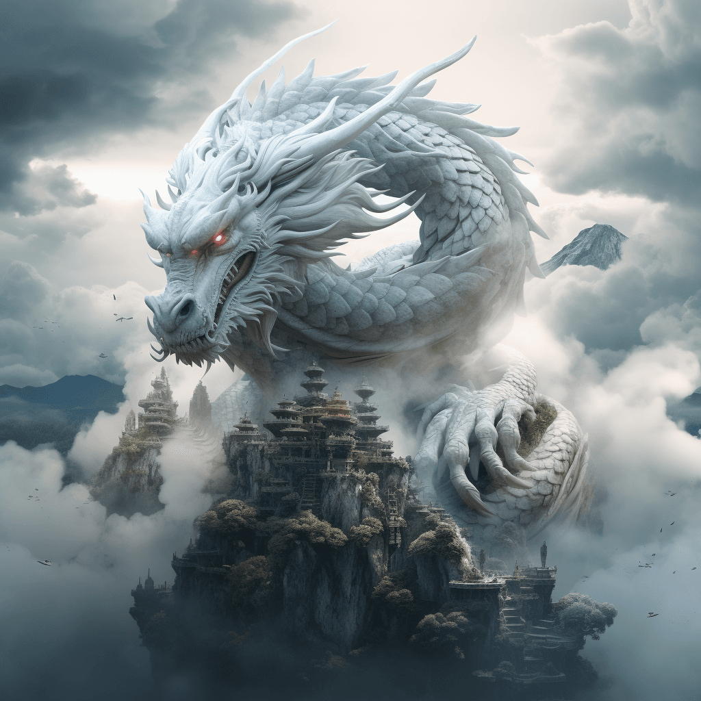 AI generated: white clouded dragon wallpaper the fantasy, in the style of fang lijun, gray and cyan, filip hodas, ...