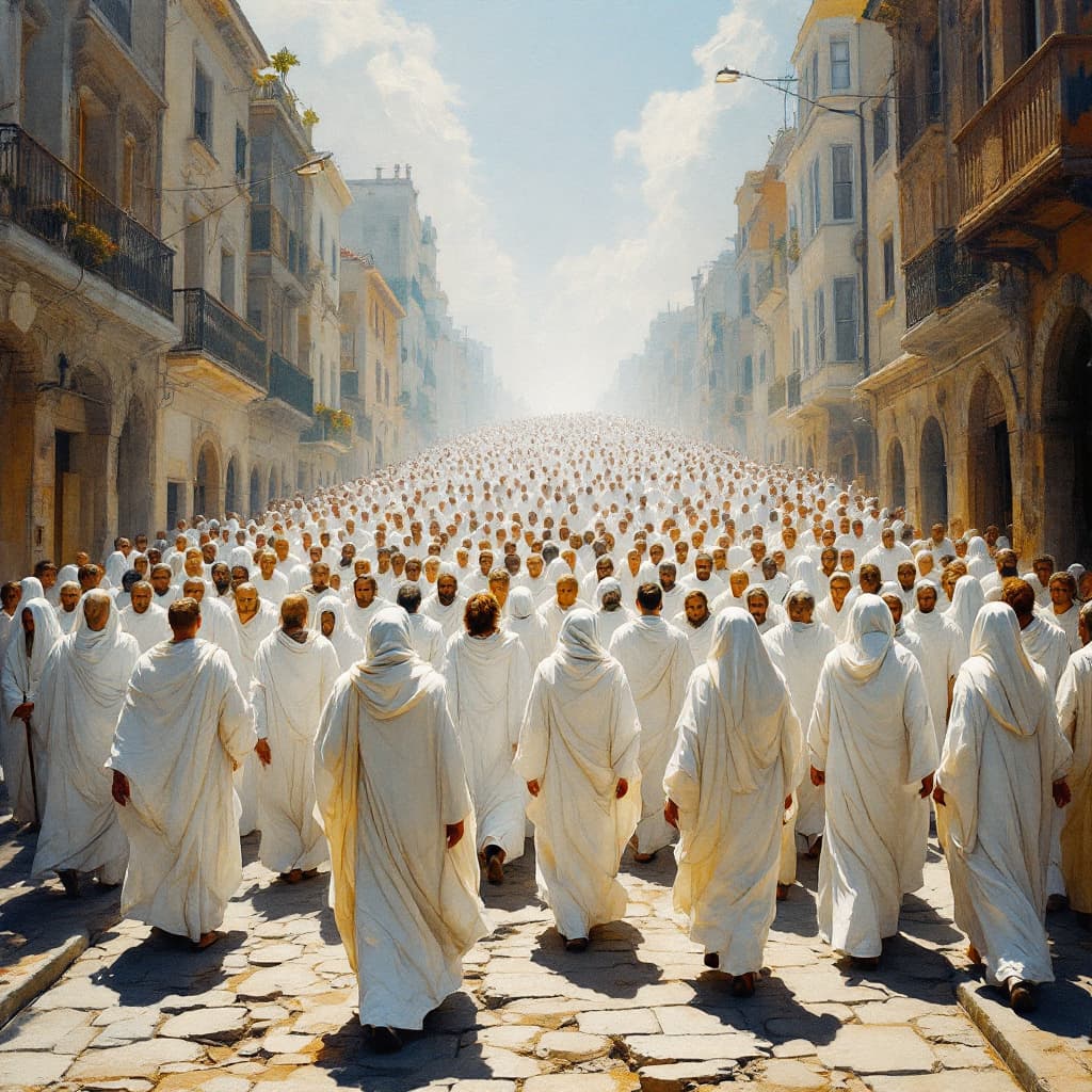 AI generated: An artist's painting of thousands of men and women in white robes all walking together toward Gods t...
