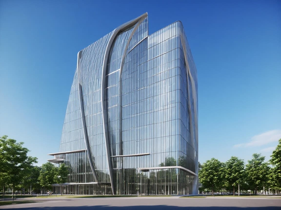 AI generated: please take this building and place it in the real world. mgive it modern materials and place it a r...