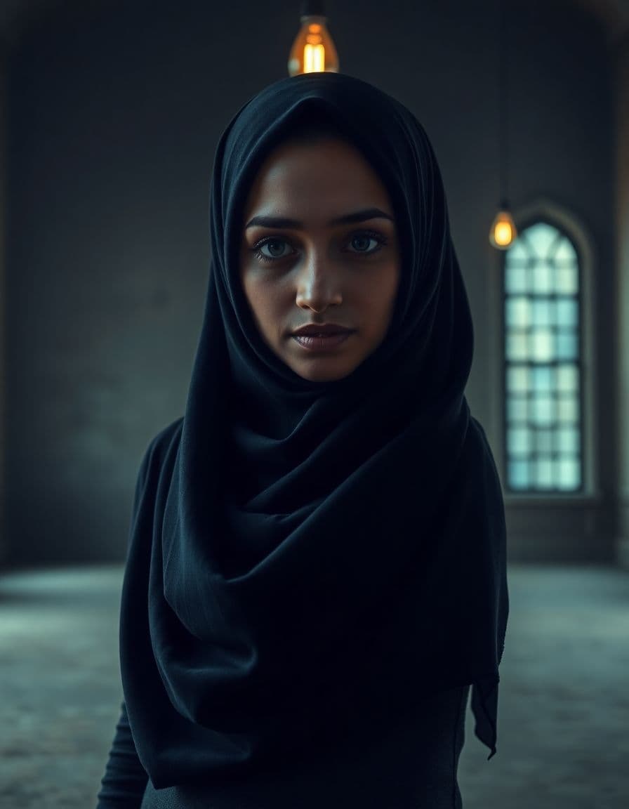 AI generated: close-up, masterpiece, digital art, a beautiful Iranian woman wearing a full body hijab, hourglass b...