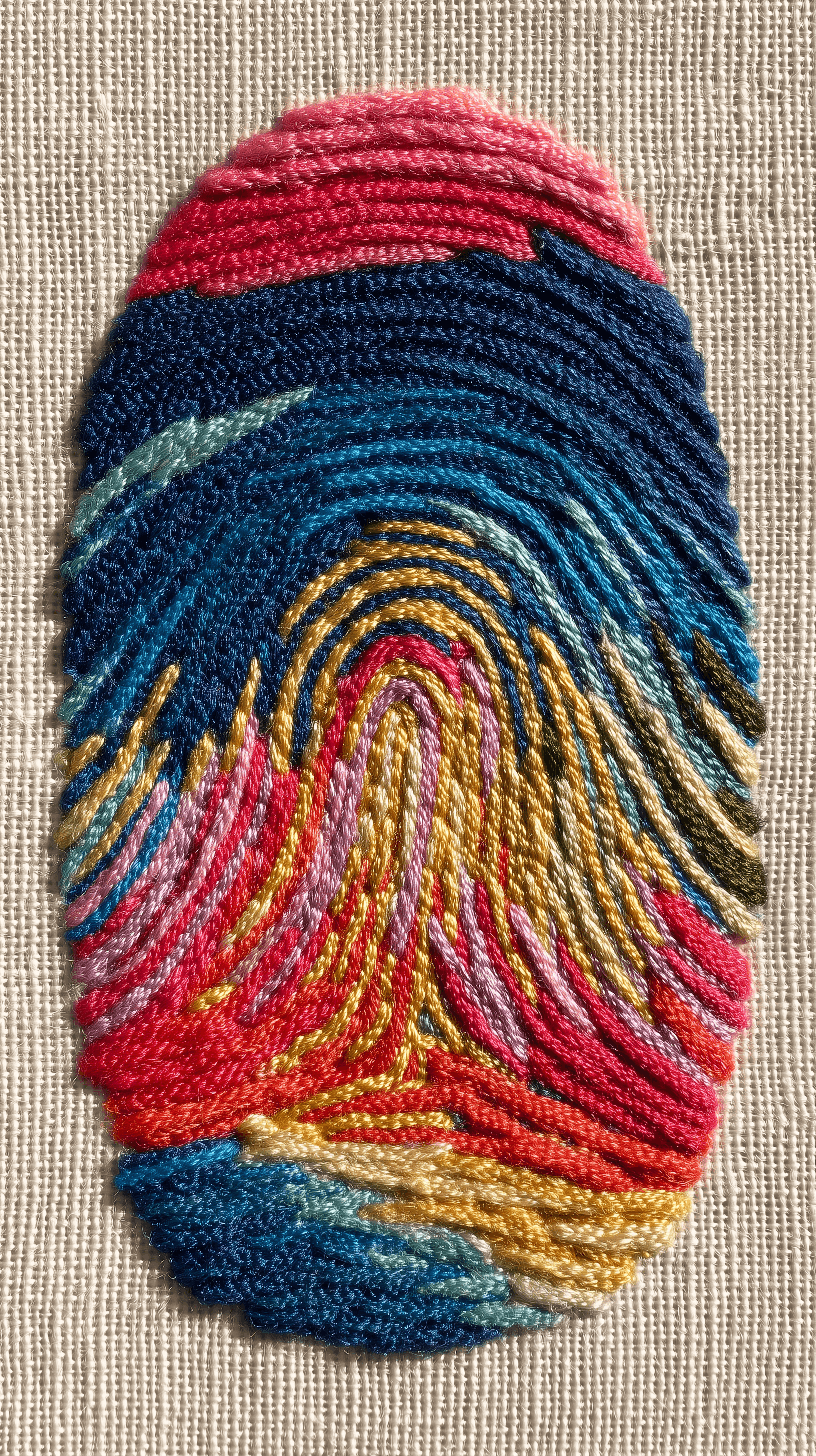 AI generated: thread art, finger print, top view, multi-colored threads on solid white wool, simplified layout, te...