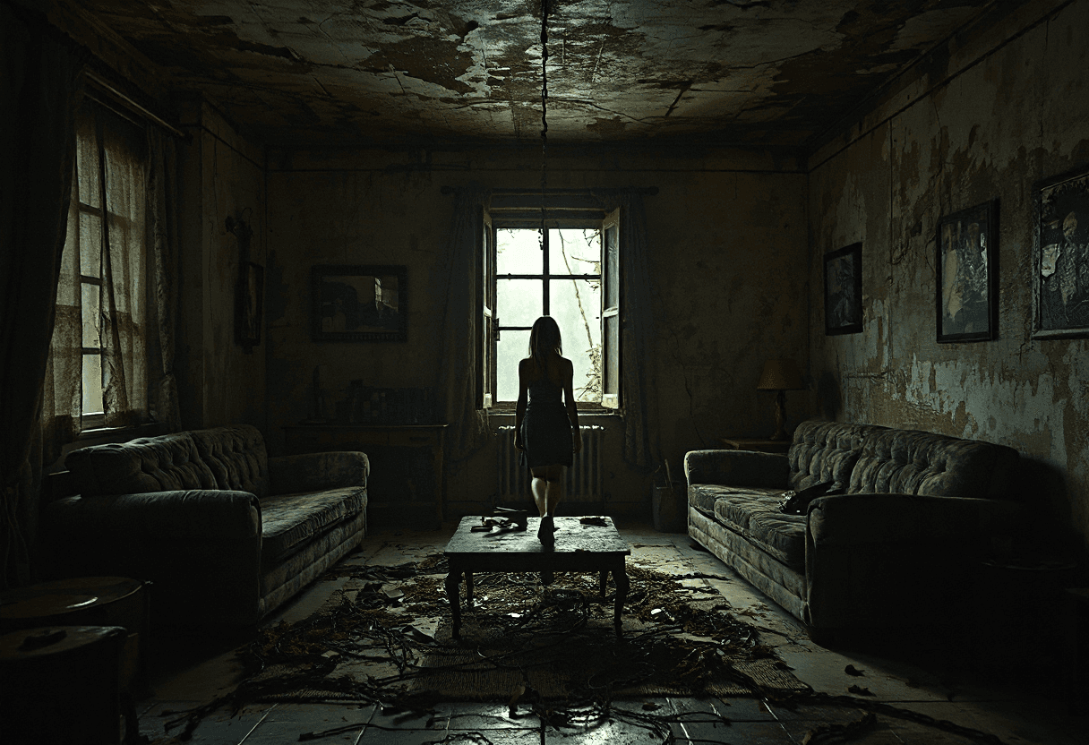 AI generated: A once-ordinary living room is transformed into a nightmarish scene from the Otherworld. Rust and ba...