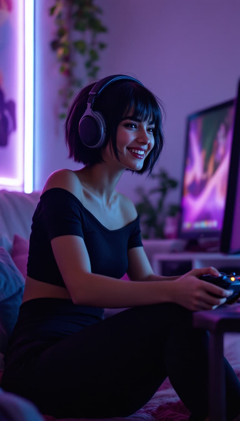 AI generated: women,thick eyebrows, short black hair with very long bangs, wearing a black off the shoulder top, y...