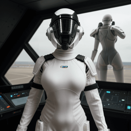 AI generated: armed female figure in a white sci-fi suit (tight jumpsuit), at the spaceport, against the backgroun...
