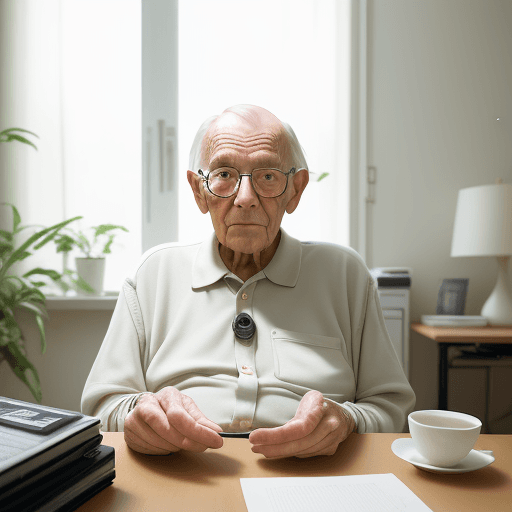 AI generated: photograph, home office, minimal, soft sunlight, warm artificial light casting, creating a warm whit...