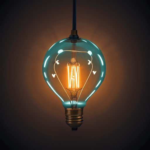 AI generated: “An artistic display of heart-shaped Edison-style filament bulbs hang from cords and glow warmly in ...