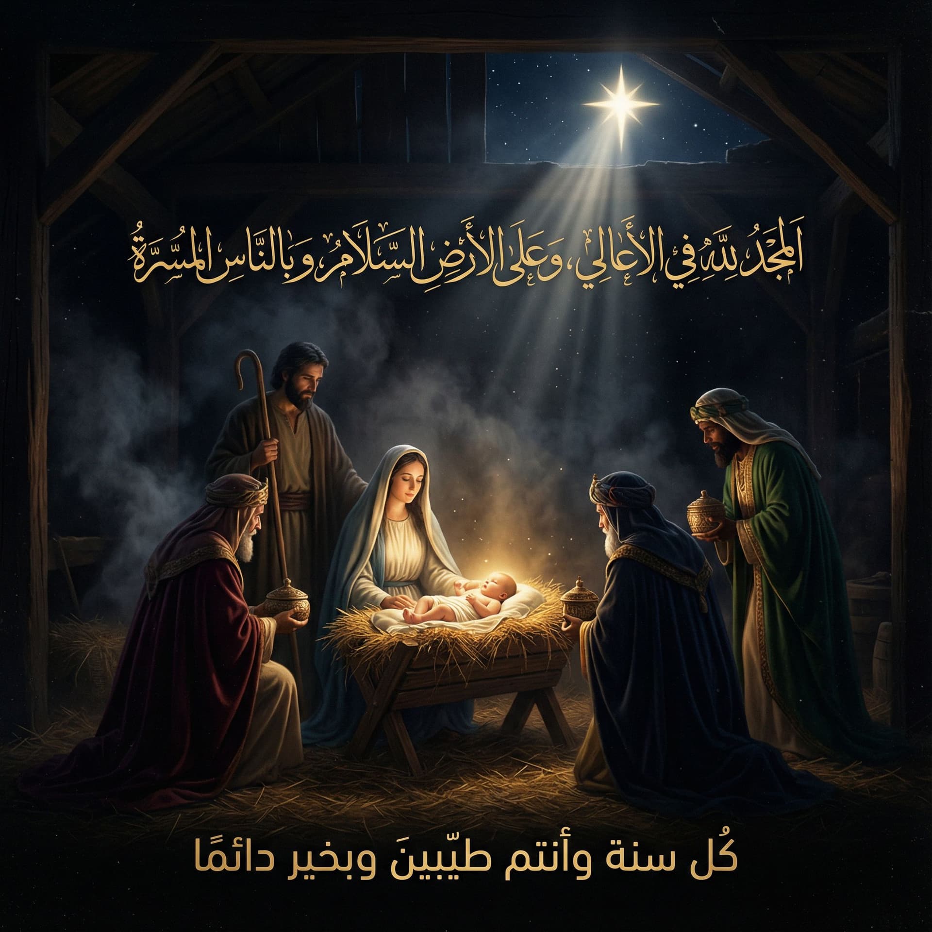 AI generated: Prompt:

Create a cinematic dark and moody Christmas Nativity greeting card with a dramatic, sacred ...