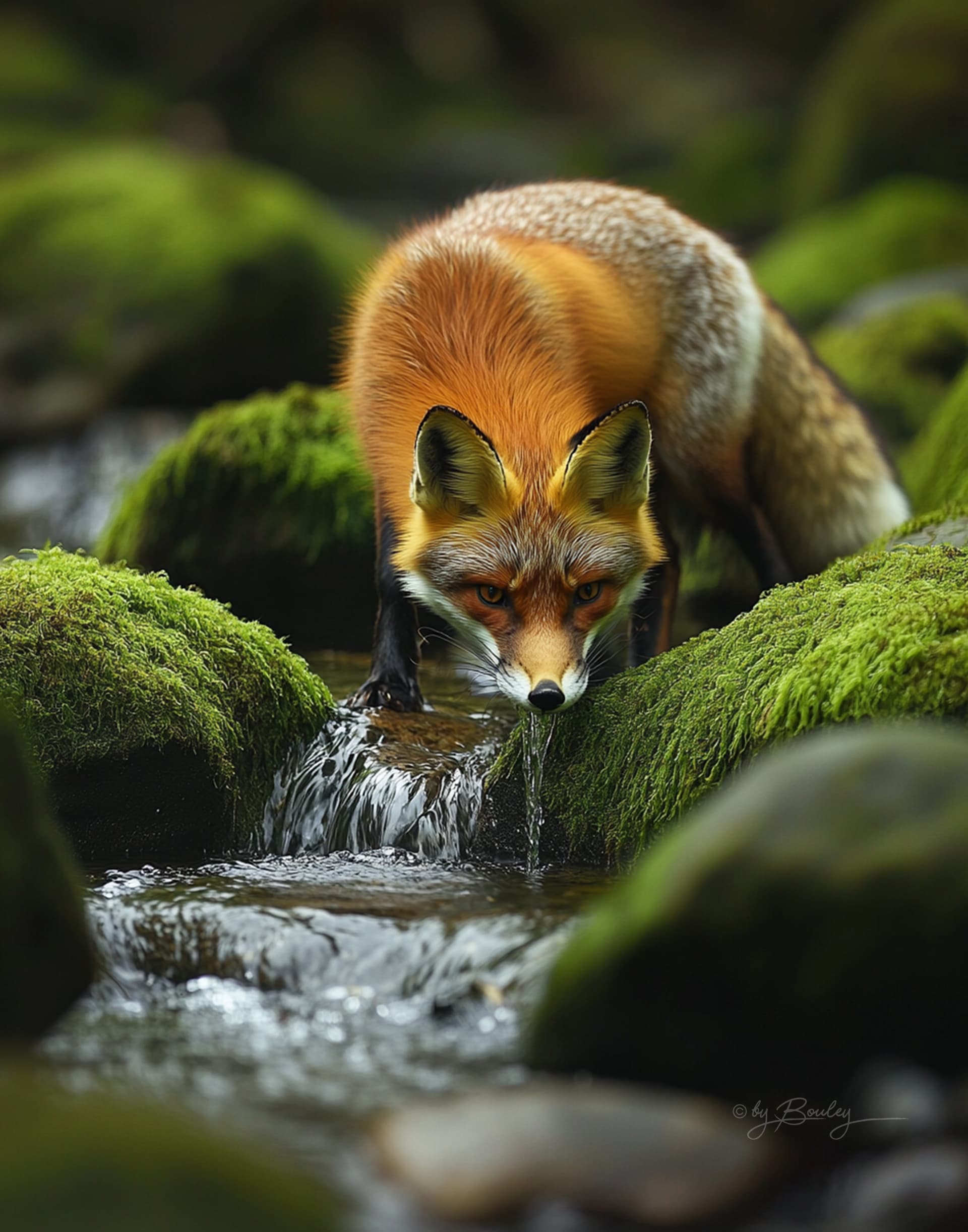 AI generated: Beautiful green, mossy rocks with flowing water, soft focus, in the forest, in high definition, capt...