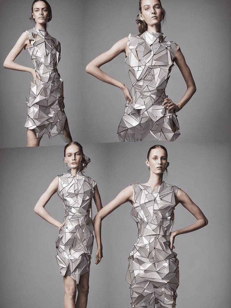 AI generated: avant-garde fashion masterpiece. A weightless dress that defies gravity, with sharp geometric lines....