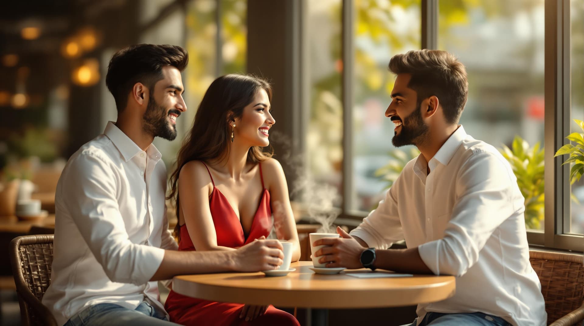 AI generated: (Cinematic UHD, hyper-realistic young Indian couple sitting opposite to each other at a cozy café ta...