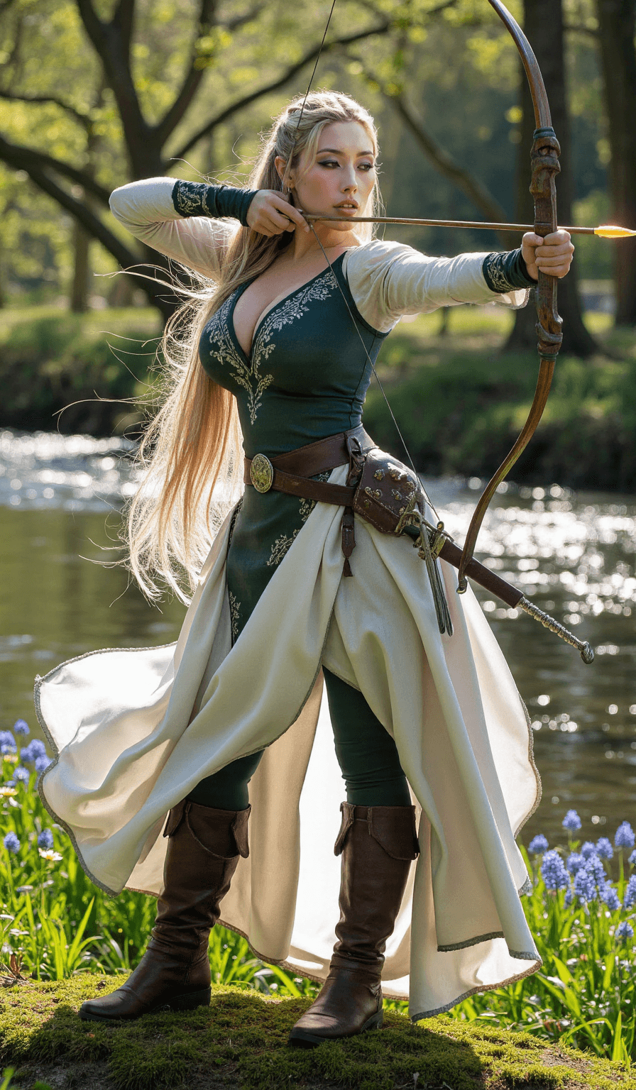 AI generated: asianalpha aidmaMJ6.1 A hyperrealistic, cinematic photograph of a female elf warrior captured in a m...