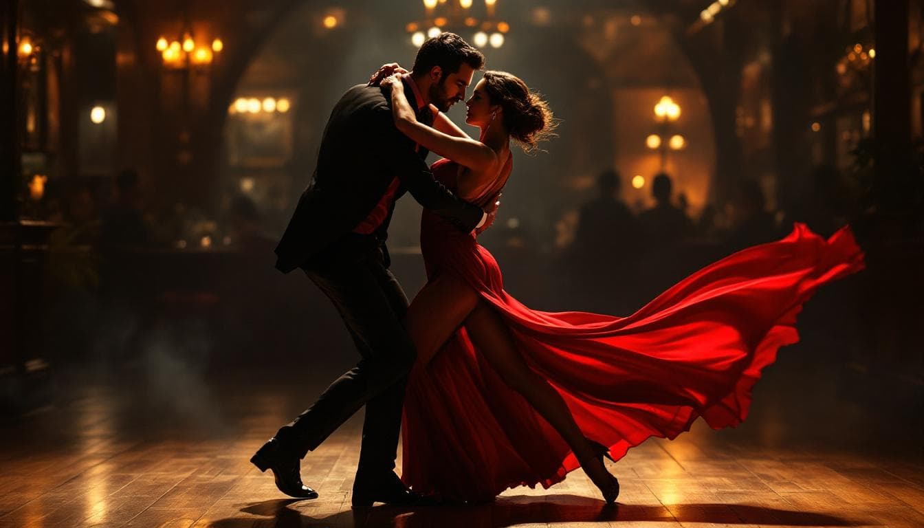 AI generated: A passionate Argentine tango couple in a dramatic dance position. The man wears a sharp black suit w...