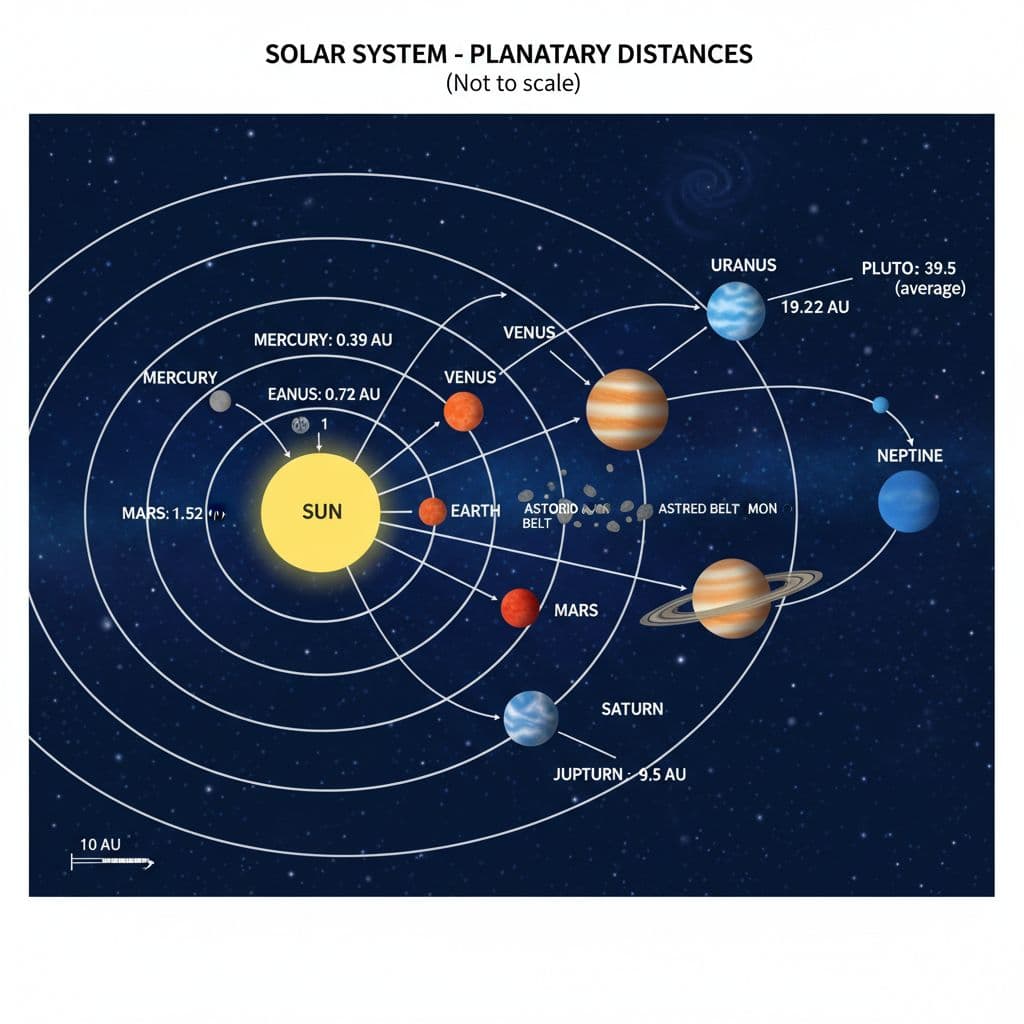 AI generated: Draw a diagram showing the distances between the 9 planets in the solar system.