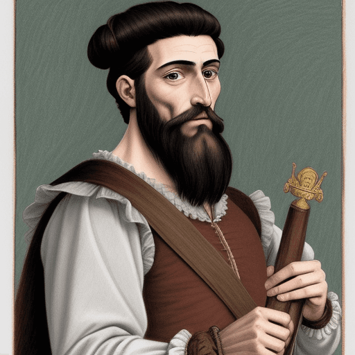 AI generated: Drawing for children's comic of a thin, bearded, 16th century Spanish man with a biretta and ruff