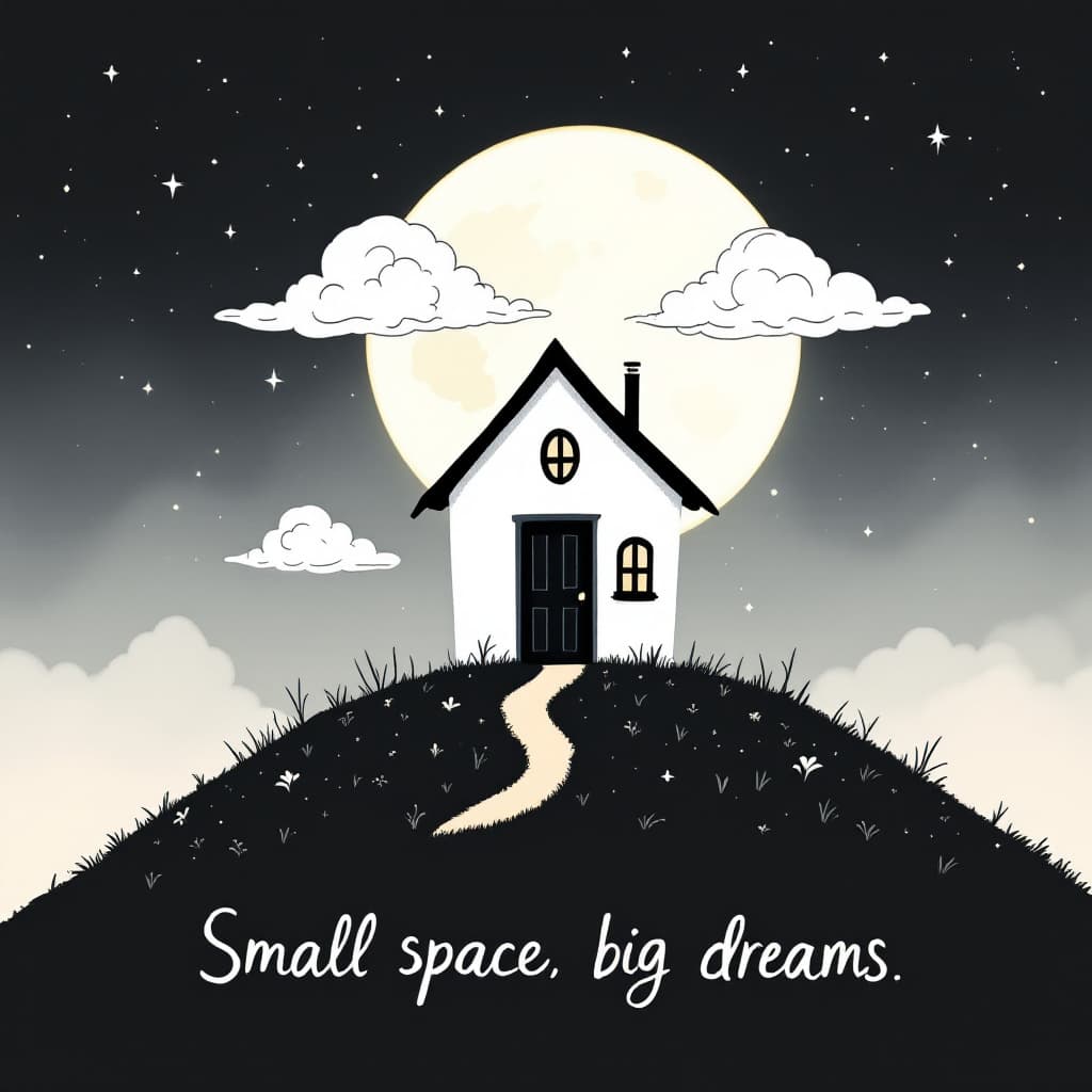 AI generated: A minimalist illustration of a tiny white house on a hill with a black door and windows. There's a w...