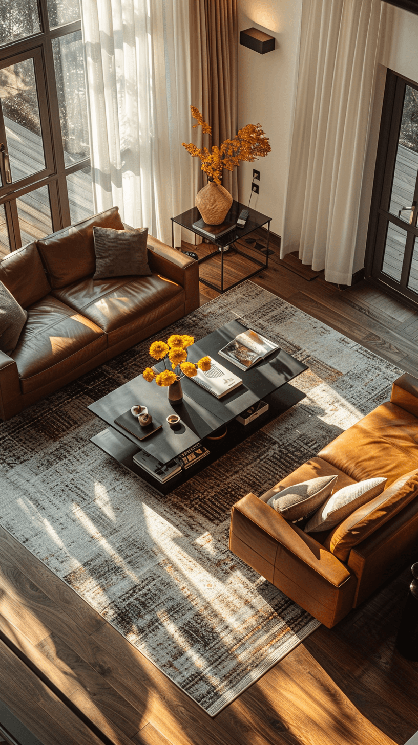 AI generated: photography, minimalist, aerial shot, apartment living room, full-frame DSLR camera, the color of th...