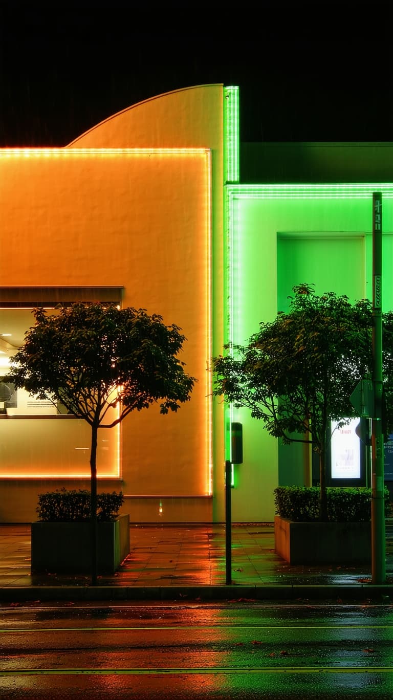AI generated: A phosphorescent building, night time, the facade of the phosphorescent building is decorated with n...