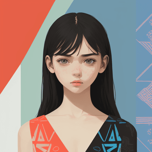 AI generated: illustration, upper-body, girl, front, face, gaze, two randomly three limit colors, outline, edges l...