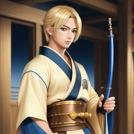 AI generated: Lucy heartfilia, brown eyes, blonde hair, male kimono, blue archer's armguard