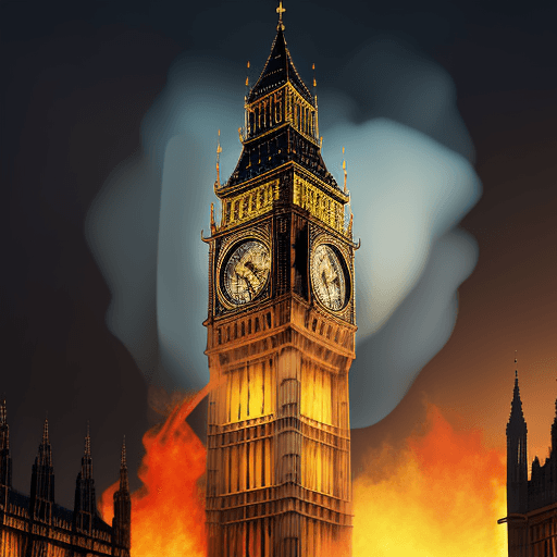 AI generated: big ben burning, flames coming out, photorealistic