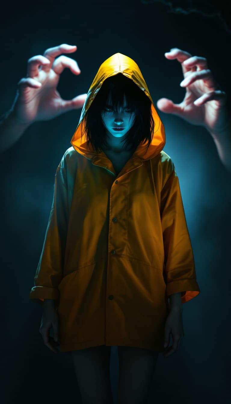 AI generated: full body view of a mysterious 18 year old woman, with messy black hair cut into a bob and long bang...