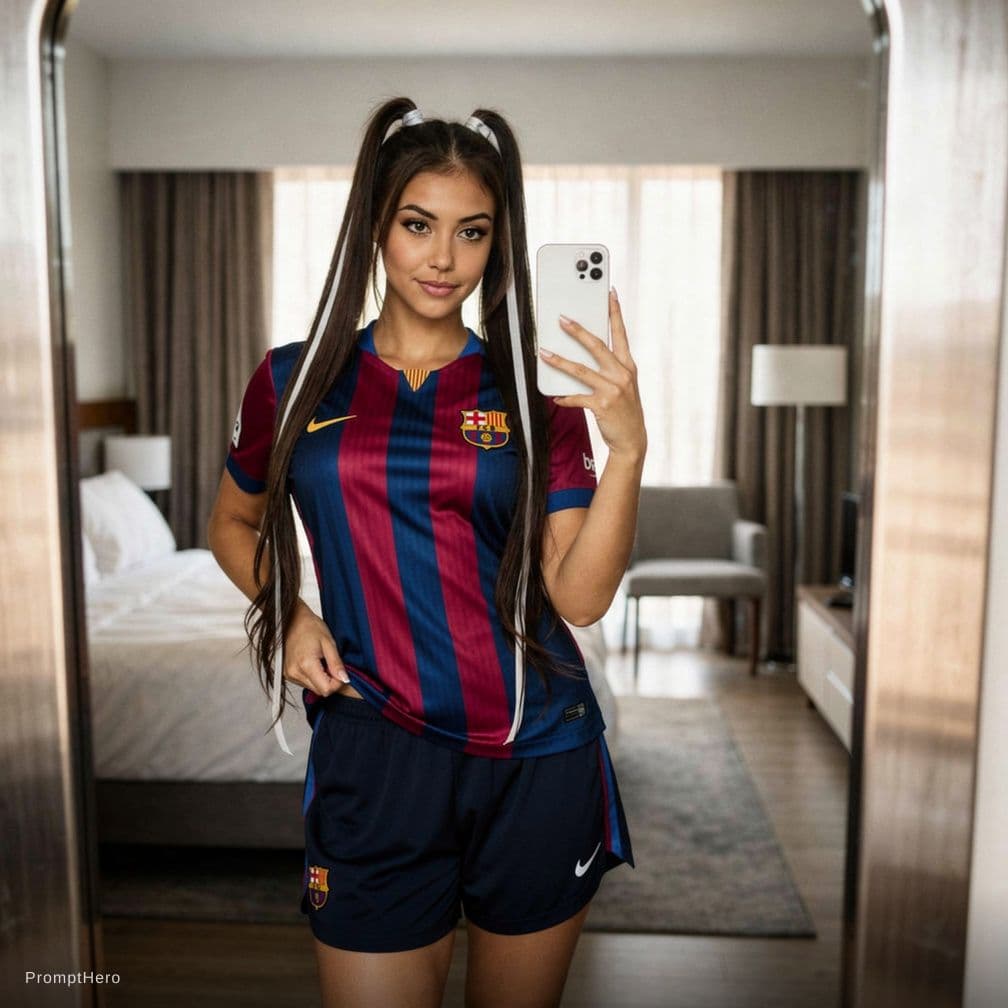 AI generated: Cambiar la camiseta por la del fc Barcelona y el tanga de color azul marino 
