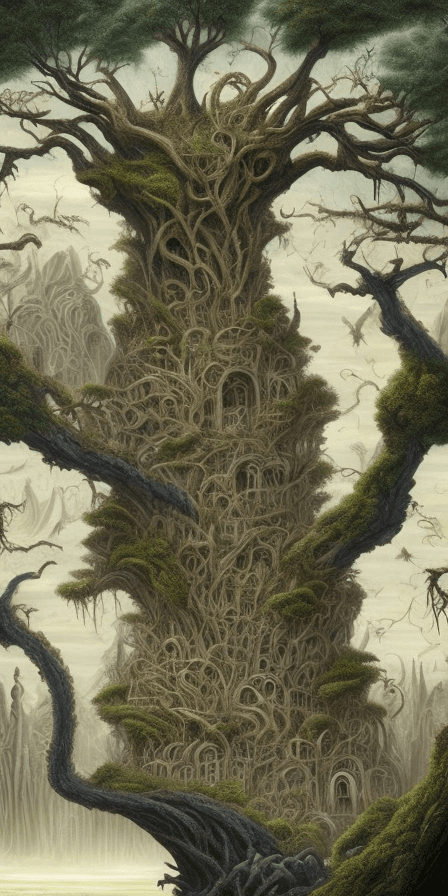 AI generated: A surreal landscape teeming with fantastical creatures and bizarre, otherworldly scenes. The foregro...