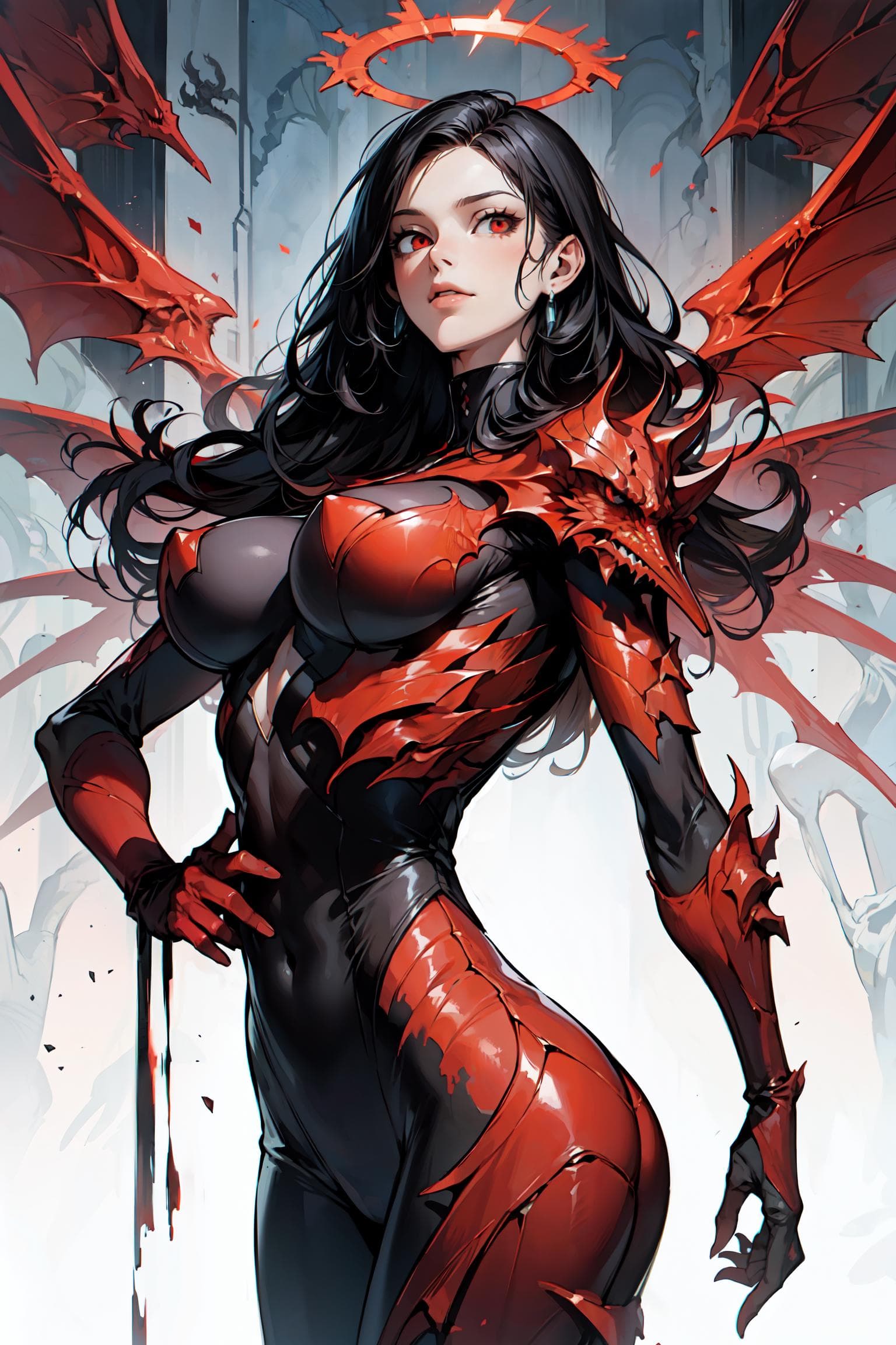 AI generated: (masterpiece, best quality), 1lady, solo, (white scaly body), halo, wings,fallen angel, black hair, ...