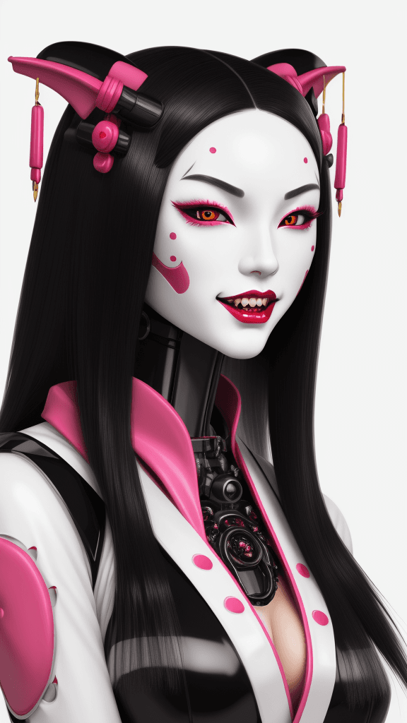 AI generated: woman with a robotic geisha face, porcelain skin and human body, long vampire golden fangs as teeth,...