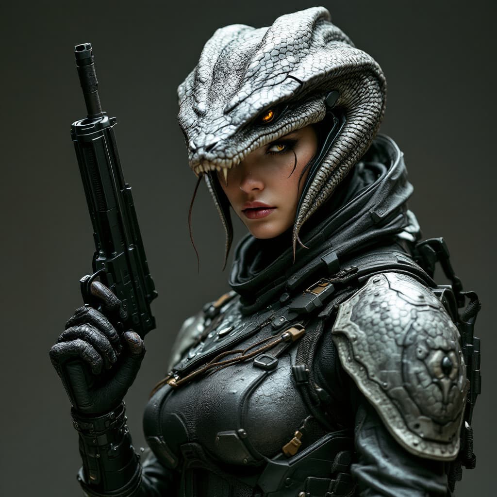 AI generated: Photo of a ultra realistic Female in tactical armor and helmet resembling a snake head and skin with...