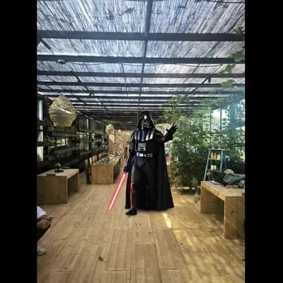 AI generated video: the character is coming to the camera while thunders come out fromn his hans