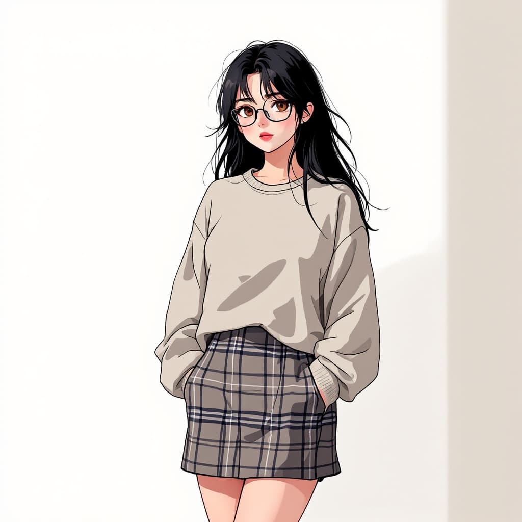 AI generated: anime female, tartan skirt, plain jumper, long messy black hair, short woman with curvy figure, big ...