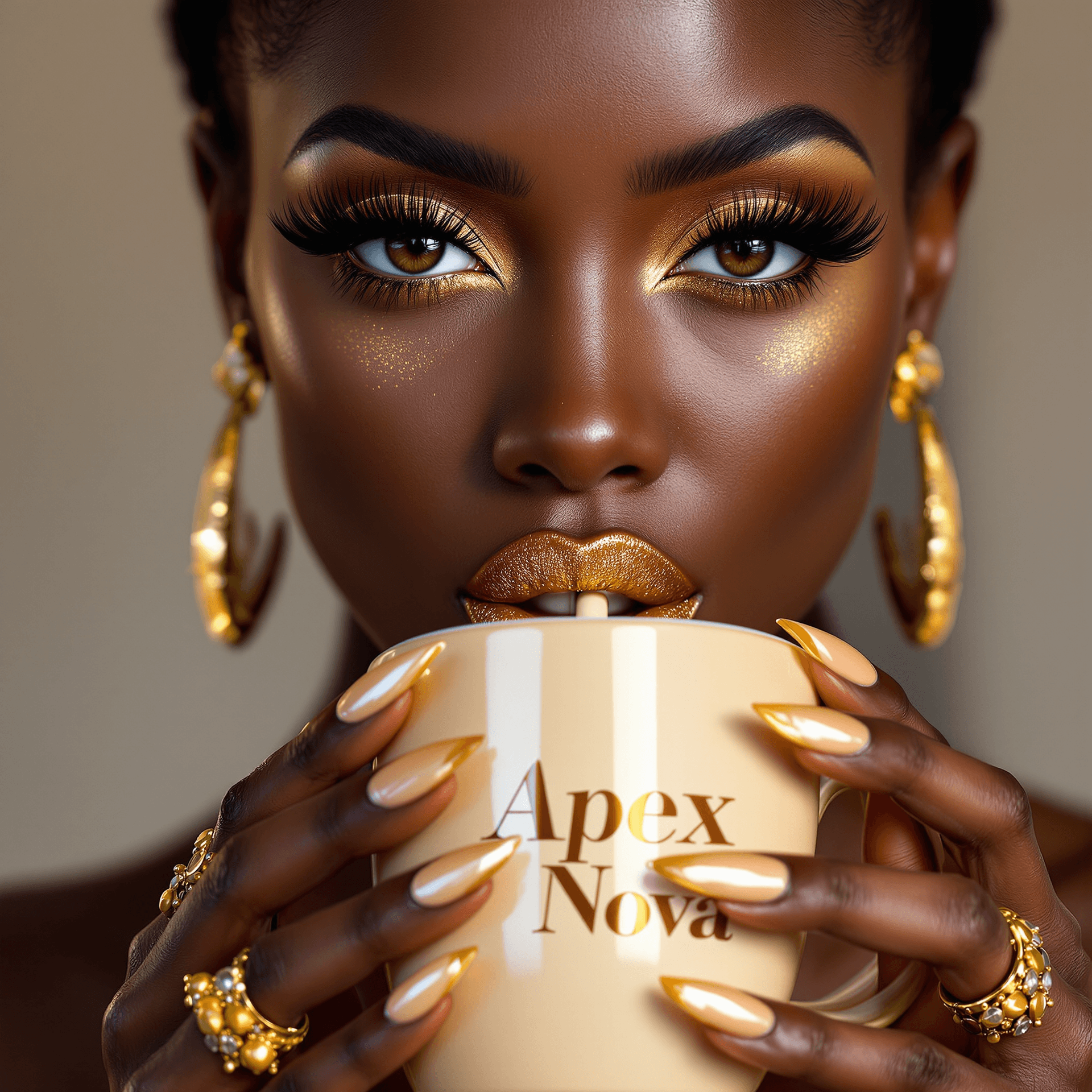 AI generated: A stunning, hyper-realistic style portrait of a dark-skinned woman with a captivating expression. Sh...