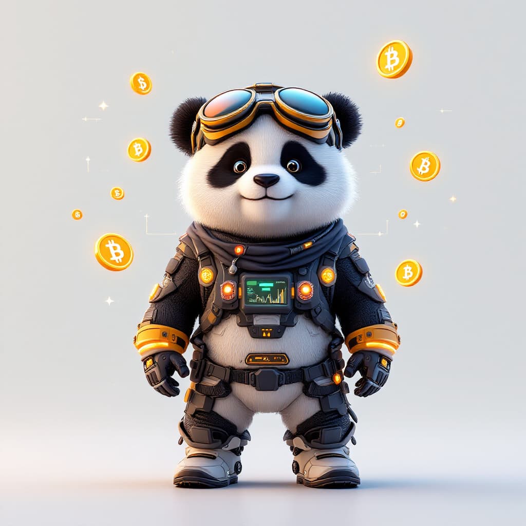 AI generated: A futuristic panda wearing high-tech gear, surrounded by floating glowing crypto coins and digital g...