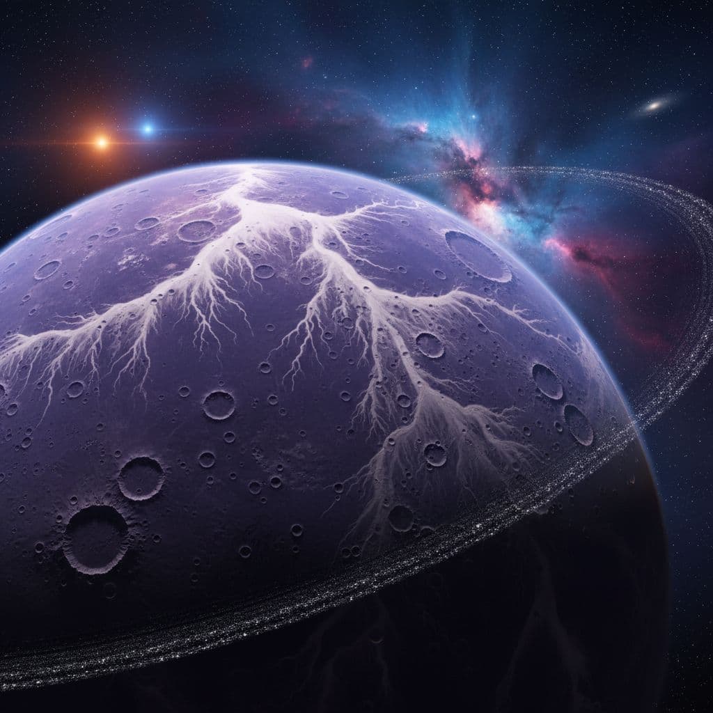 AI generated: a Purple Planet with lots of craters and canyons and streaks of white sand