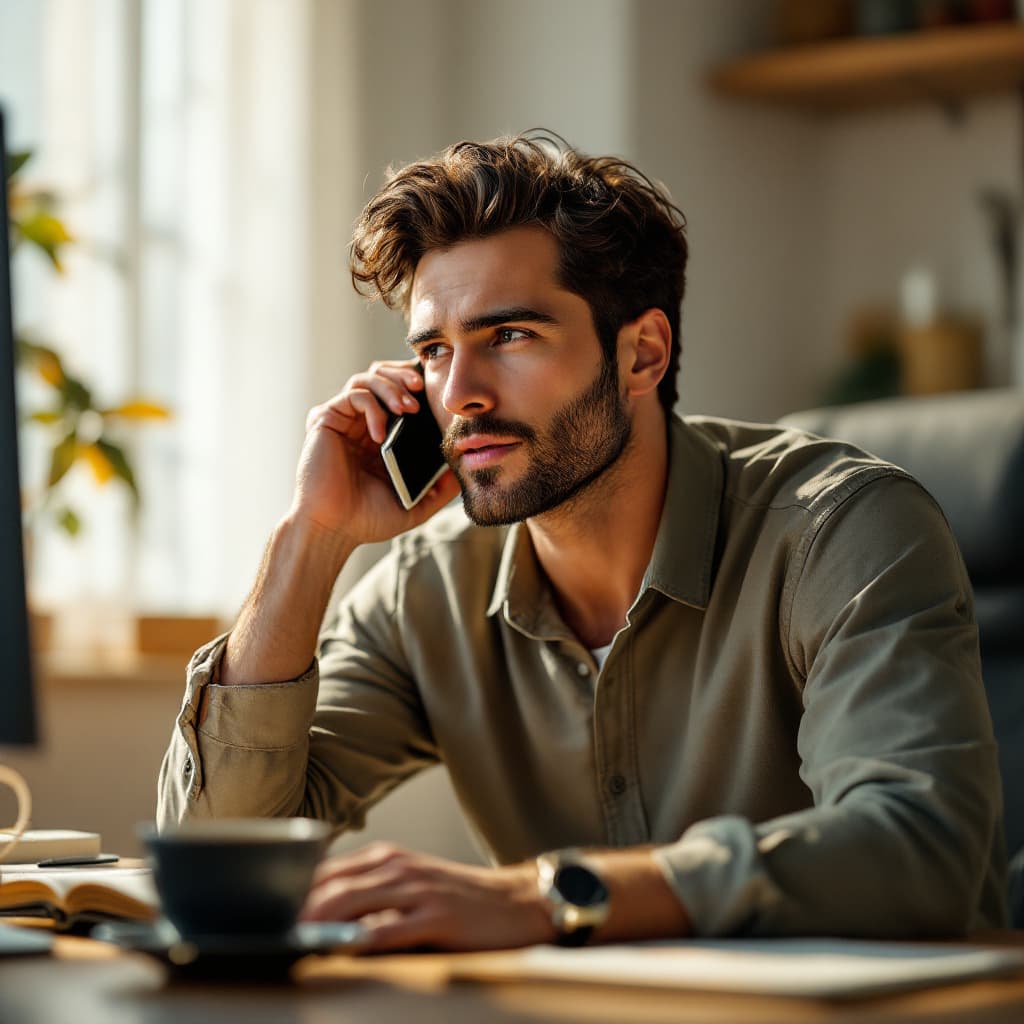 AI generated: Portrait of the same mid-30s man seated at a desk, talking on a phone, cinematic, photorealistic, sh...