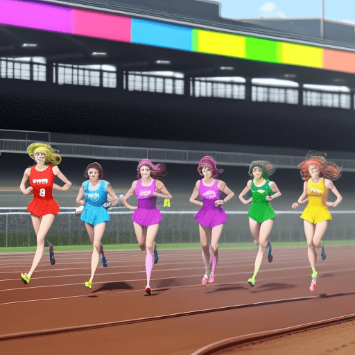 AI generated: The seven angels in rainbow-colored clothes running around the track are