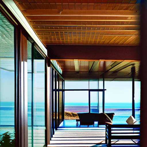 AI generated: Hyper realistic eye level exterior photo of a mid century modern style house overlooking the ocean, ...