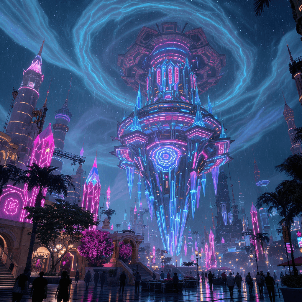 AI generated: “cyberpunk plaza with Afro-fururistic Cyberpunk city themed with bioluminescent crystal structures.”...