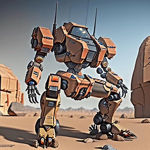 AI generated: a mechwarrior crab head,chicken walker,electronics,details ,concept,in desert with rocks and stones,...