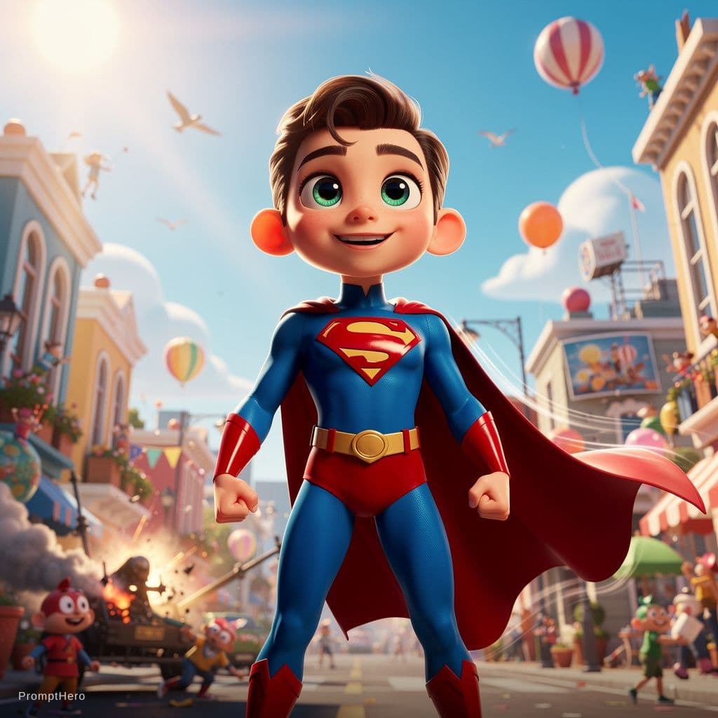 AI generated: cartoon 3D sunny bright Pixar-style image, super hero --chaos 75 --ar 4:5 --raw --stylize 750