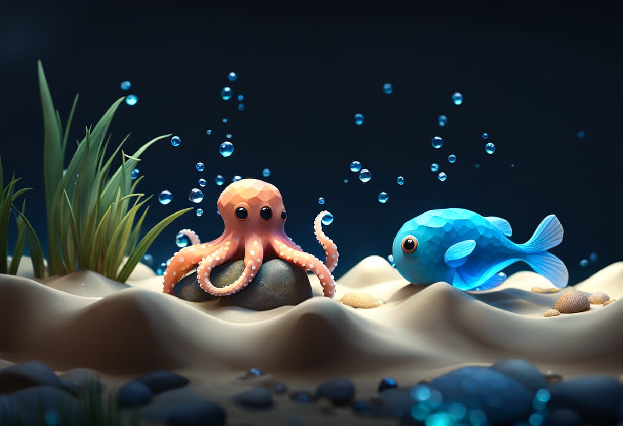 AI generated: tiny octopus sitting on a sea bed, playing with a small fish,a low poly rock near, 4k, 8k, sea shell...