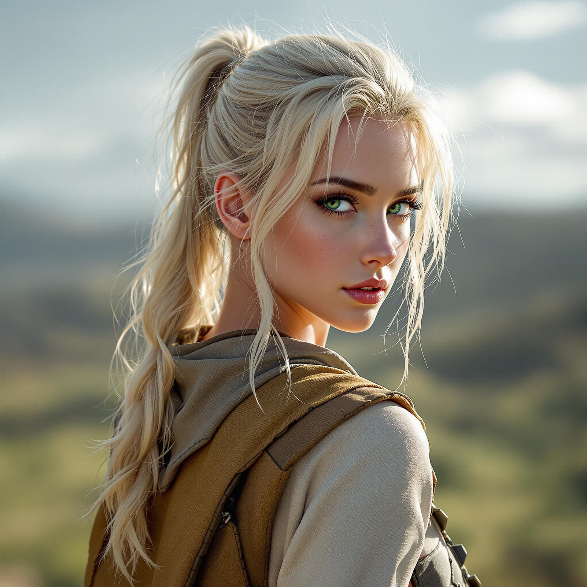 AI generated: beautiful blonde woman , 18 years old, Young, face, green eyes, Wearing ponytail hairstyle, skinny m...